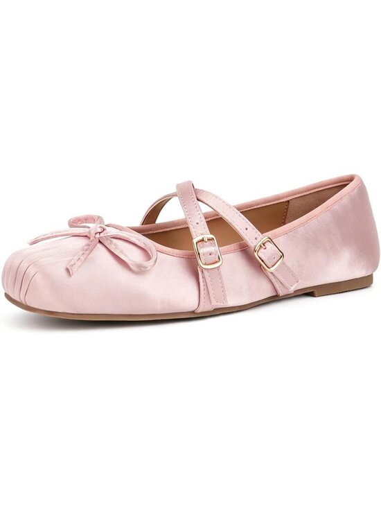 Shoes - Women's Pink Square Toe Ballet Flats Mary Janes Ballerina Shoes Satin